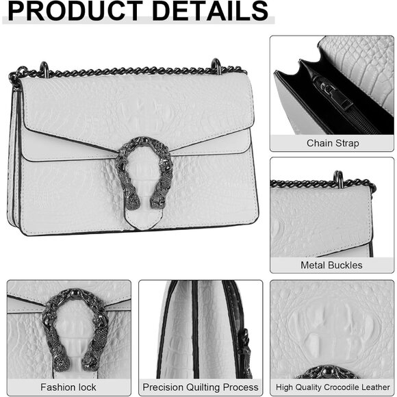 ⚡ Women's Crocodile White Snake Leather Print Casual Satchel Crossbody Handbag - Picture 7 of 7